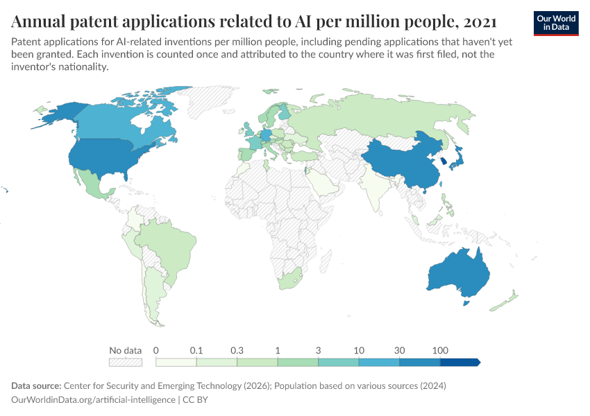 A thumbnail of the "Annual patent applications related to AI per million people" chart